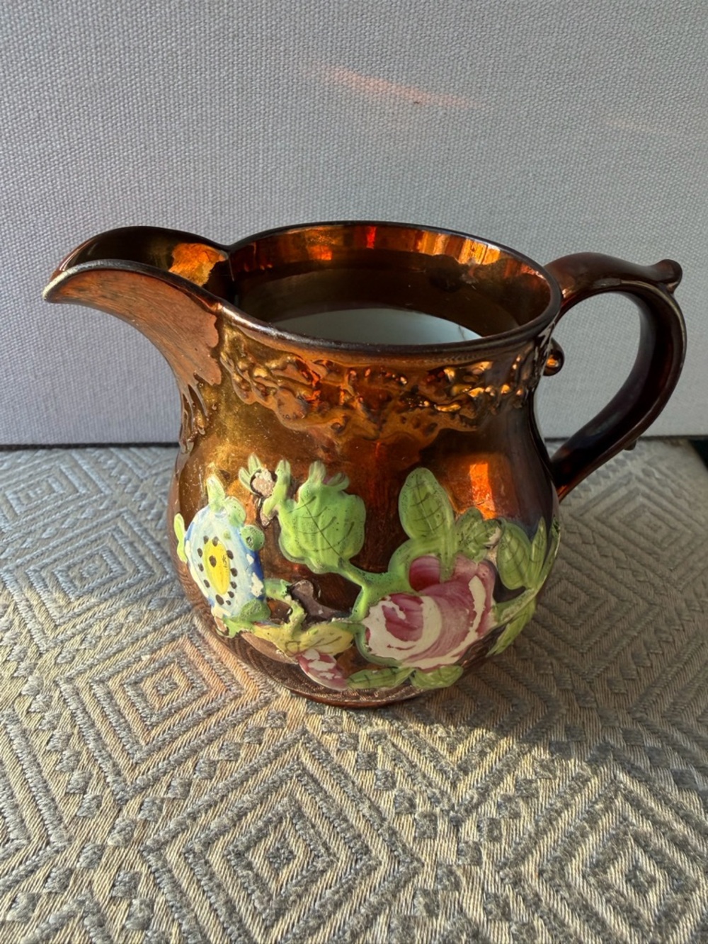 Vintage Copper-Tone Luster Floral Ceramic Pitcher - Decorative Home Art
